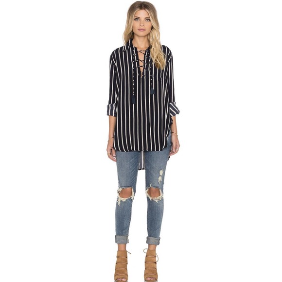 Faithfull The Brand Stevie Striped High low Long Sleeve Tunic Lace Up XS j16 - Picture 2 of 7